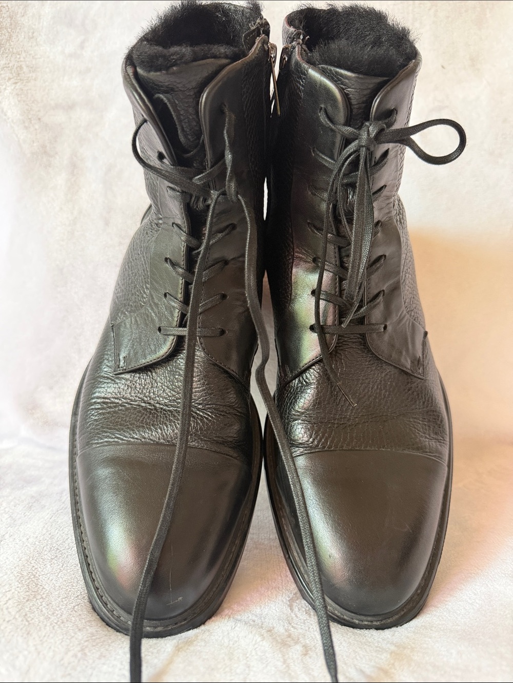 Hugo Boss Black Leather Lace-Up Fur-Trim Boots